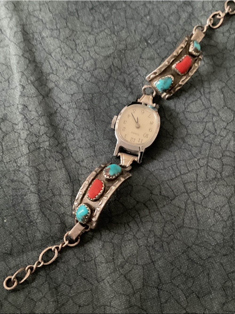 Sterling-Inspired Turquoise & Coral Stone Ladies Watch Bracelet